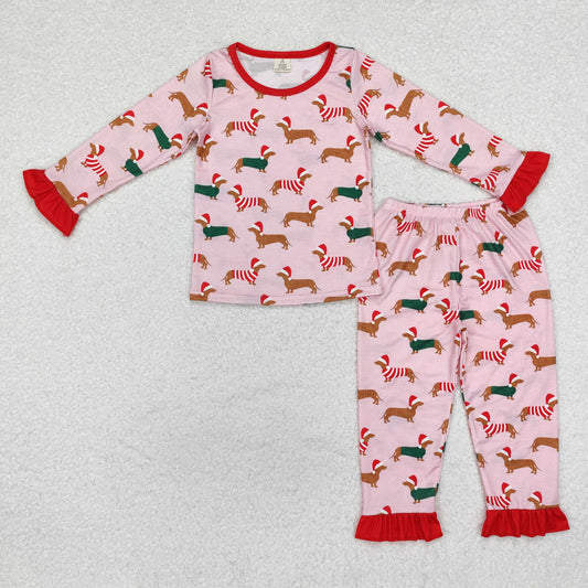 baby girl santa dog print Christmas bamboo pajama set pink