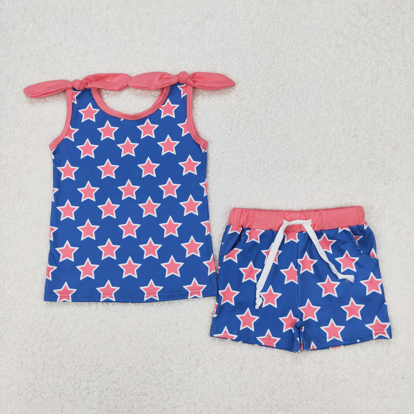 pink star strap shorts set