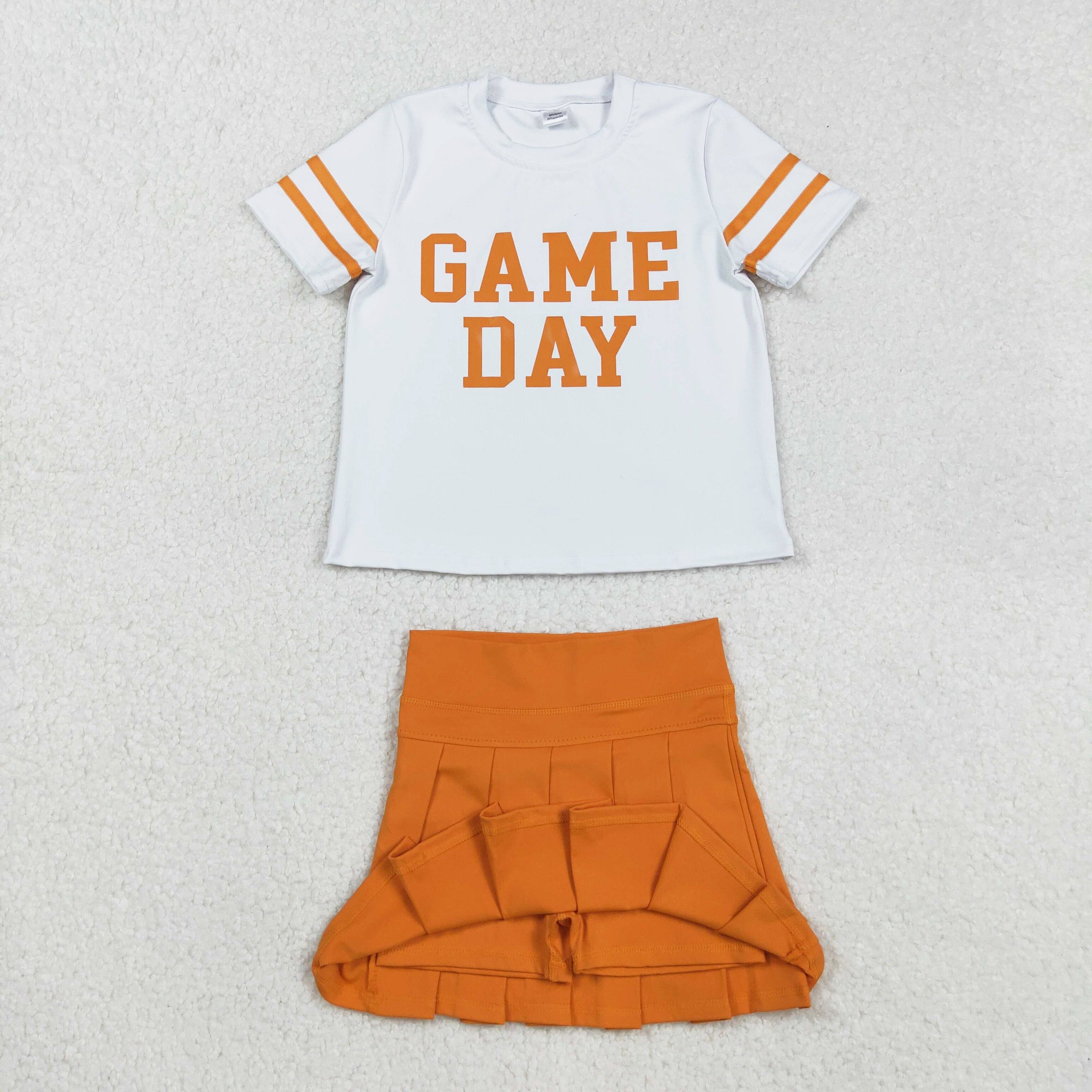 White Orange Digital Game Day Pleated Skirts Set