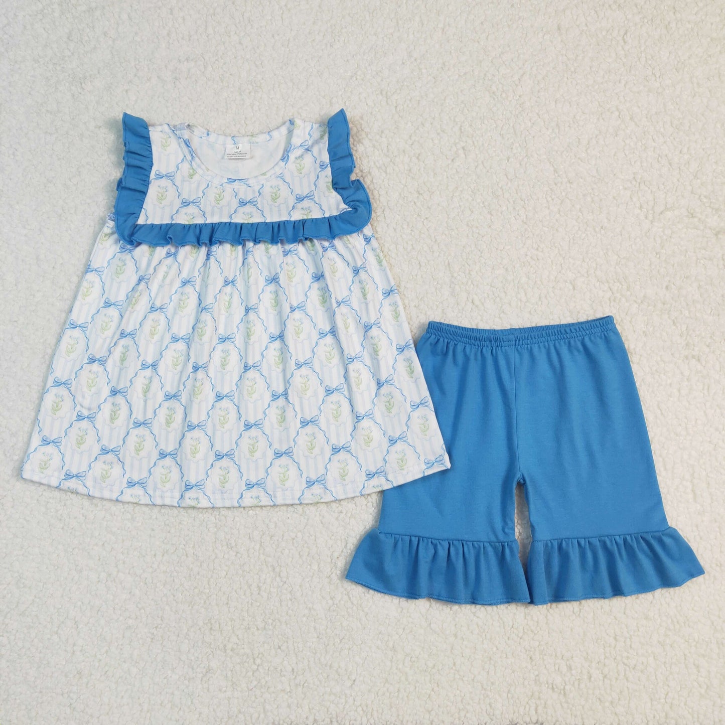 blue bows floral print ruffle shorts set