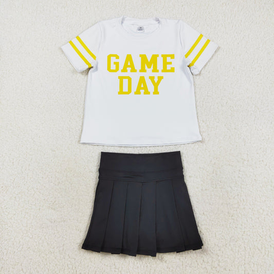 Yellow White Digital Game Day Pleated Skirts Set