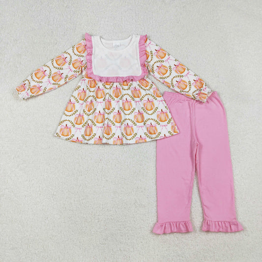 long sleeve pumpkin with bow pink ruffle pants set