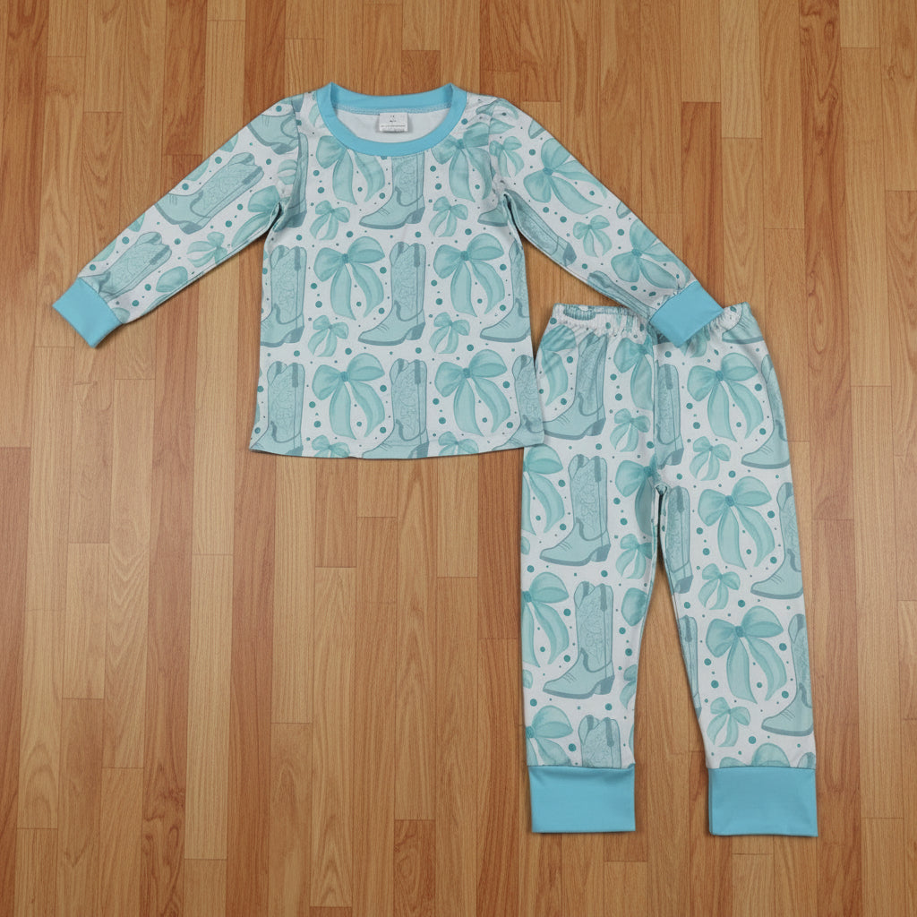 blue bow boots print two pieces lounge set girl pajama