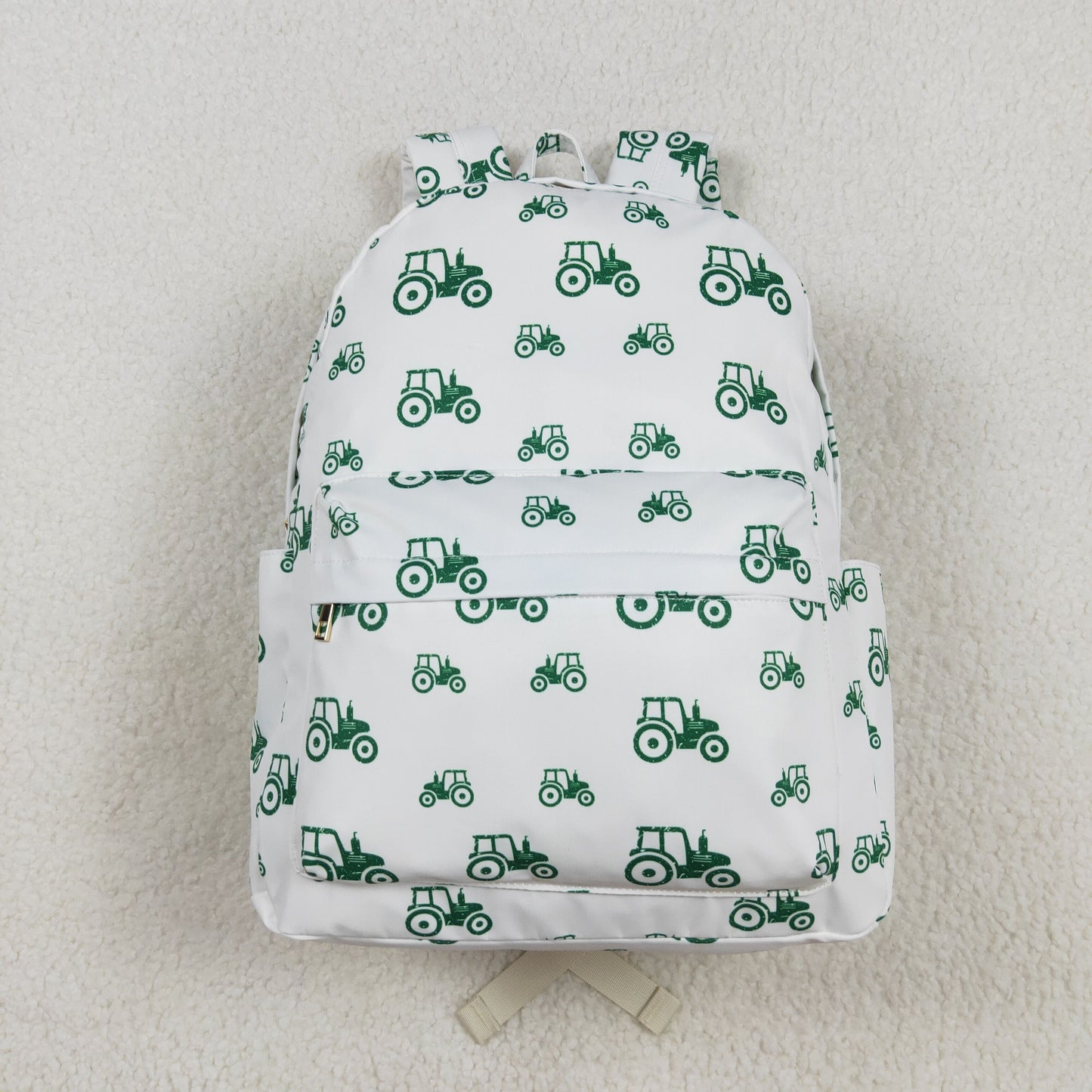 green tractor print kids backpack white bag