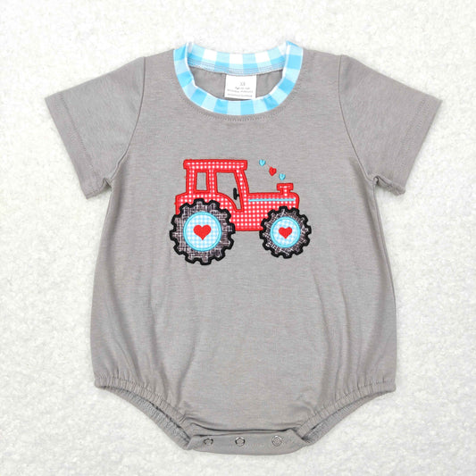 infant boy gray cotton heart tractor embroidery  bodysuit