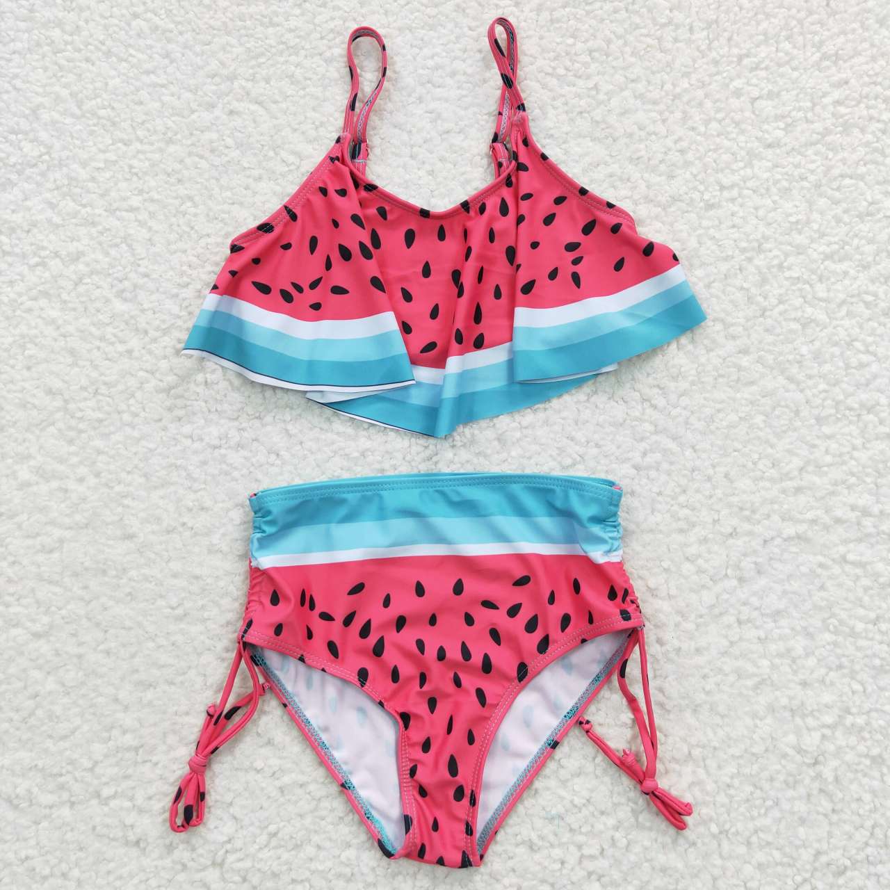 Watermelon Ruffle Girls High Waisted Bikini Swimsuit