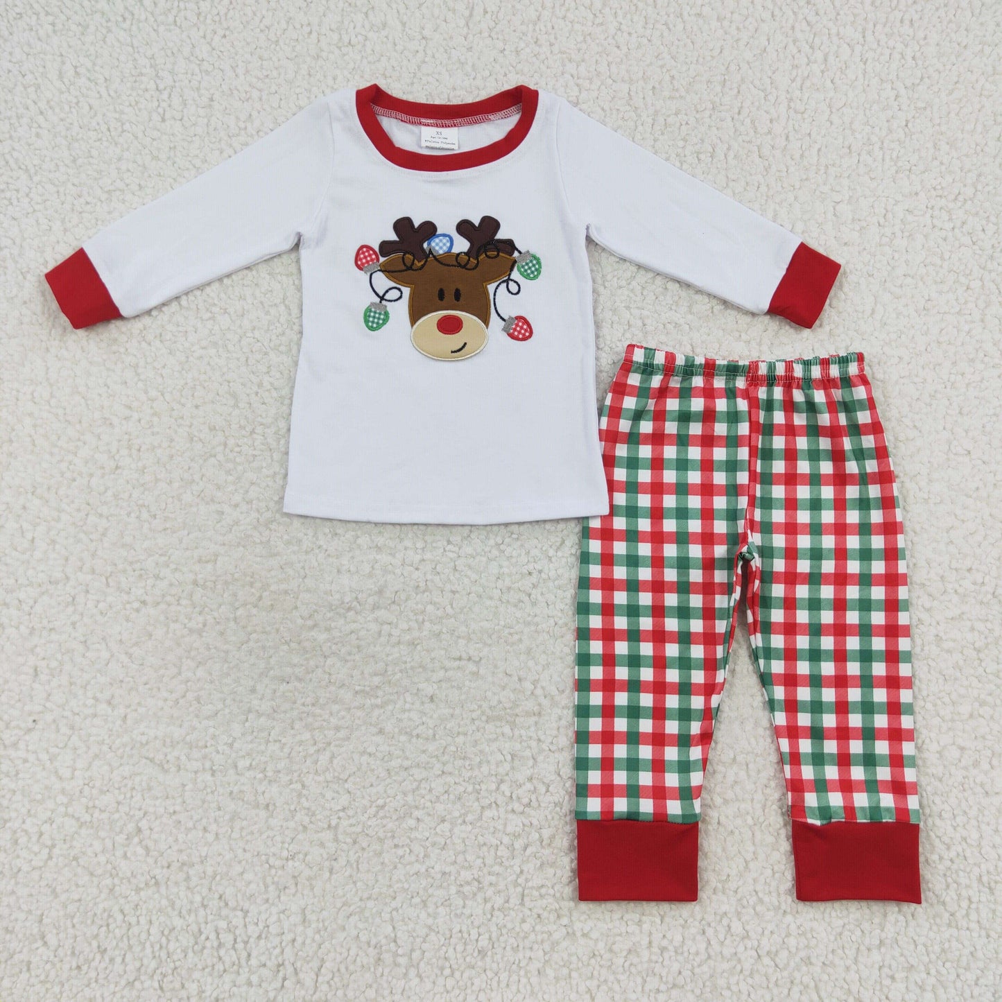 Reindeer embroidery plaid pants set kids pajama