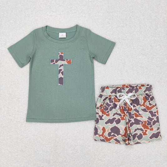 camo cross embroidery shorts set kids boy easter clothing
