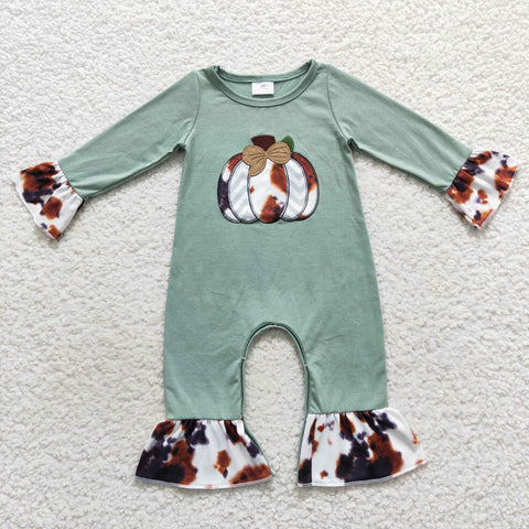 cow print pumpkin embroidery baby girl ruffle romper