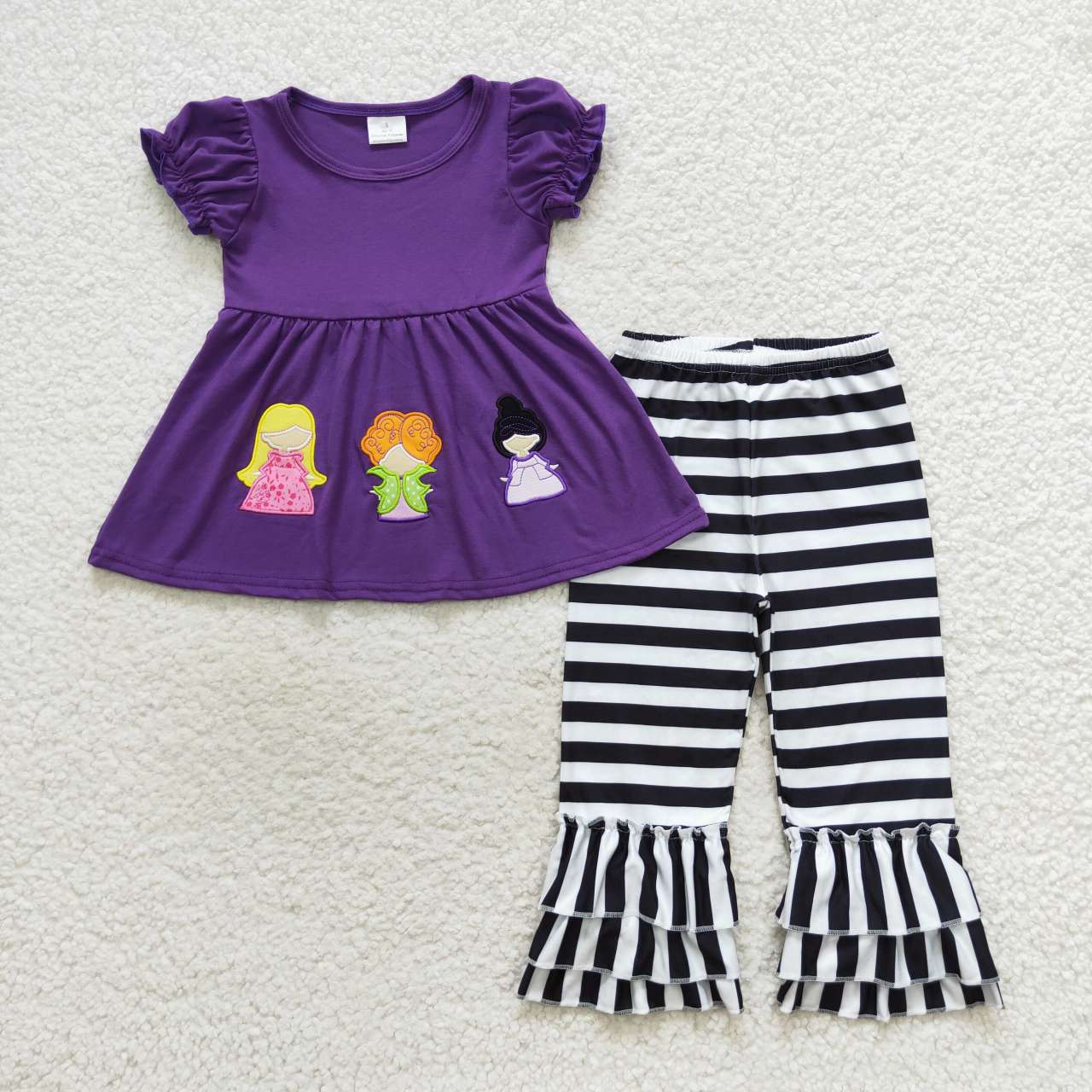 purple hocus pocus embroidery ruffle pants set