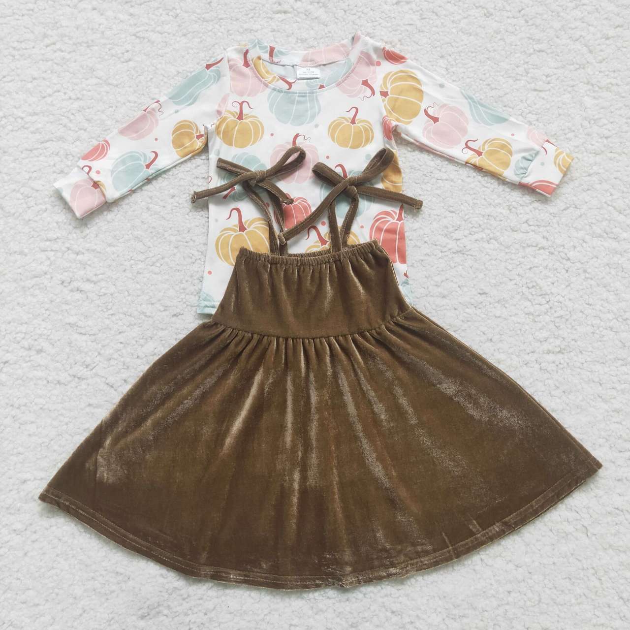 Girl fall pumpkin shirt strap brown velvet skirt set