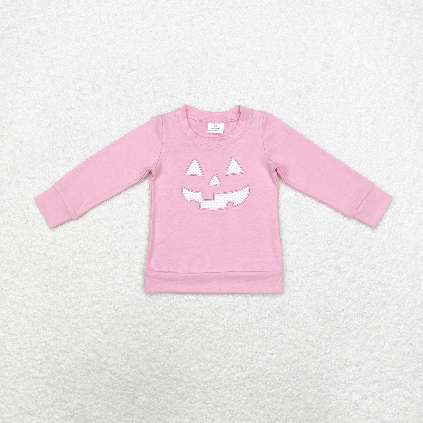 girl cotton pink long sleeve happy pumpkin face embroidery top