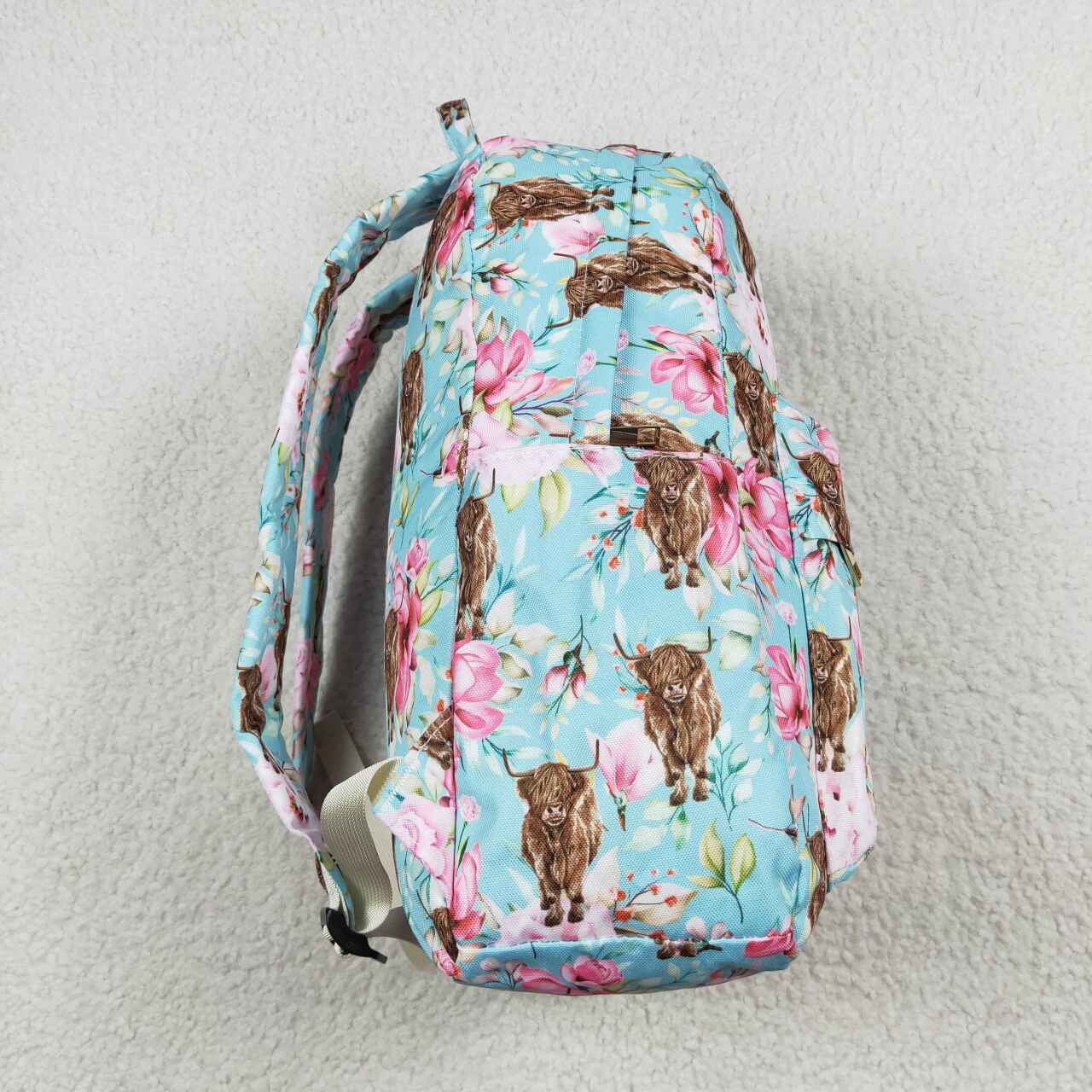 blue highland cow flower print child bag backpack