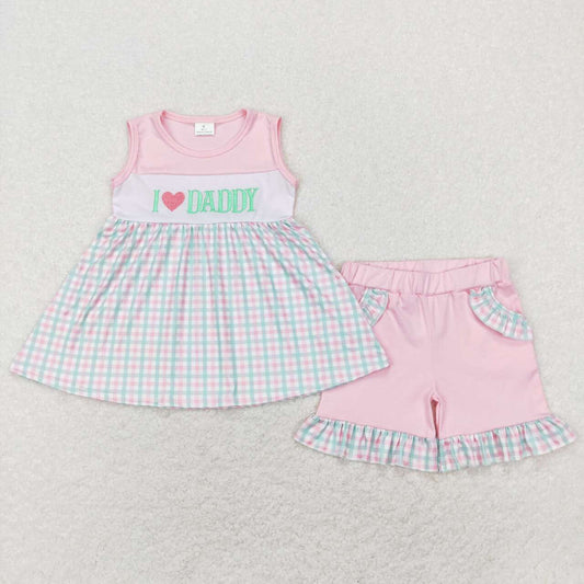 girl pink sleeveless i love daddy embroidery ruffle shorts set