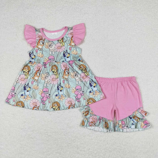 cute dog print shorts set pink girl summer outfit