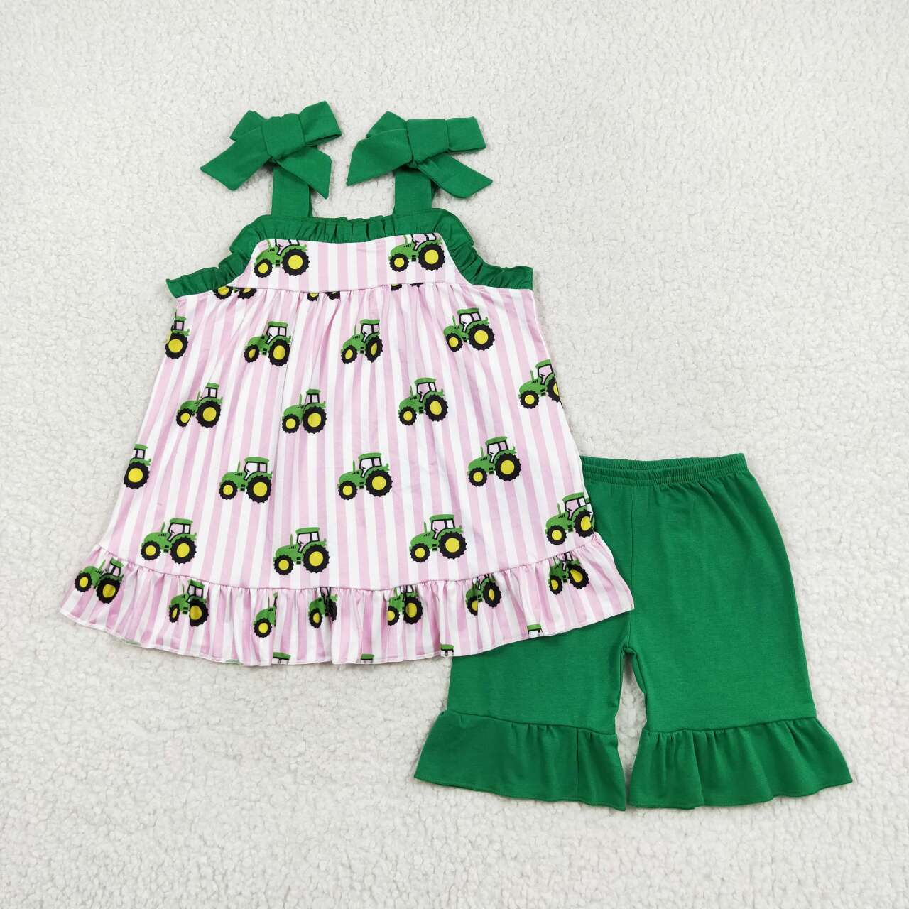 strap pink green tractor shorts set