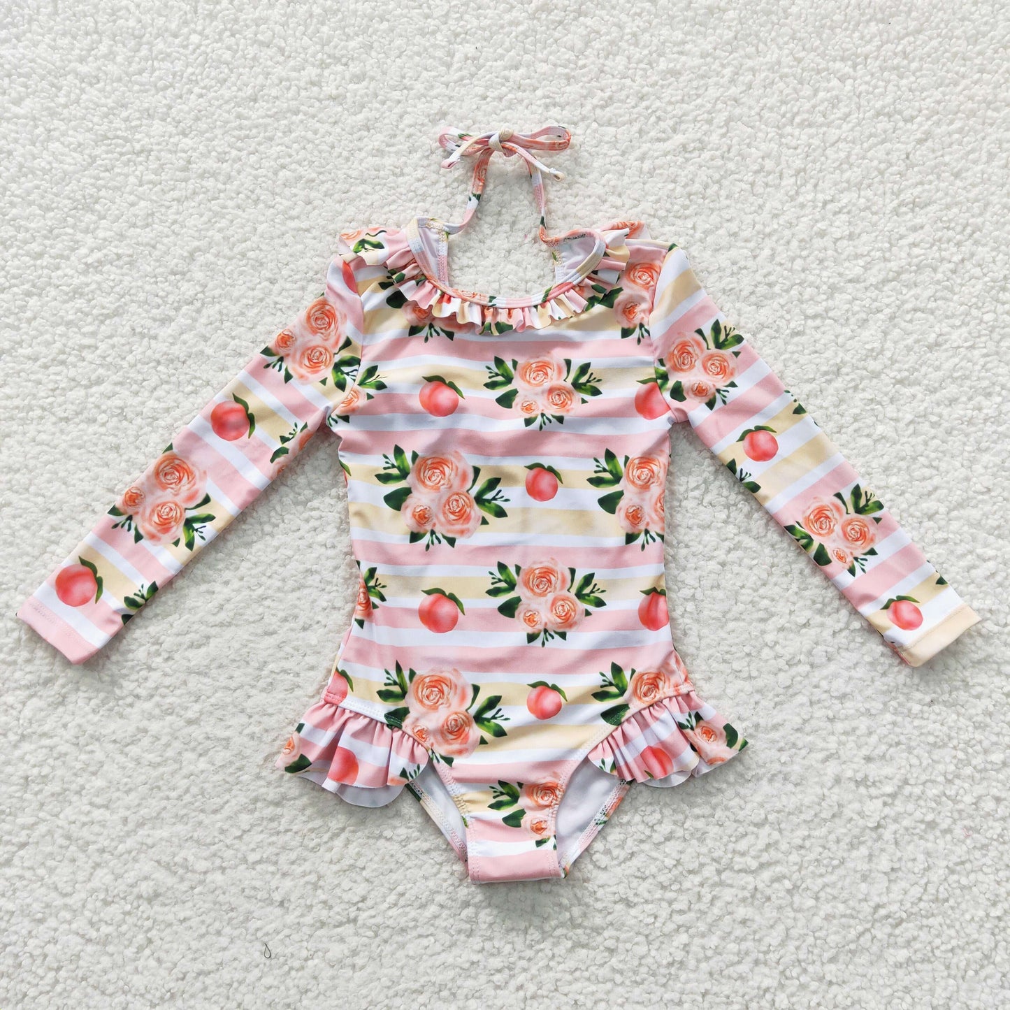 kids little girl long-sleeved peach floral swimsuit