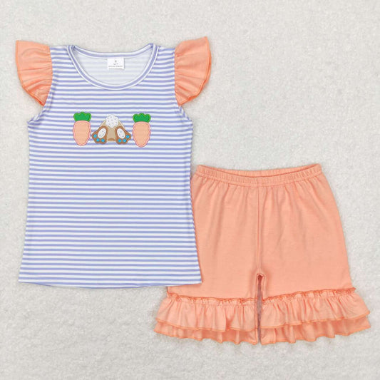 sibling girl easter carrot embroidery ruffle shorts set