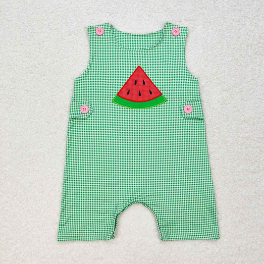 baby boy green gingham watermelon embroidery romper