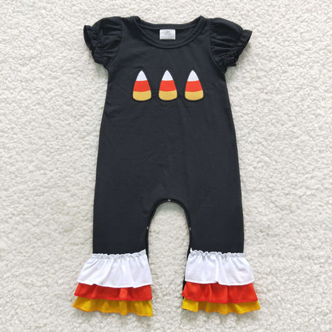 Halloween candy embroidery black ruffle romper