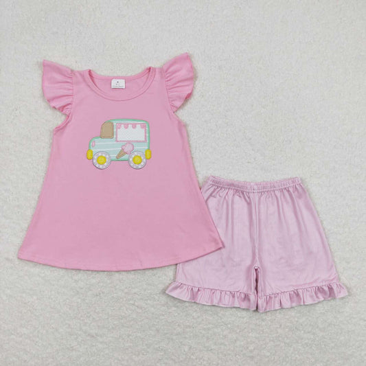 pink Ice cream parlor embroidery shorts set toddler girls clothing