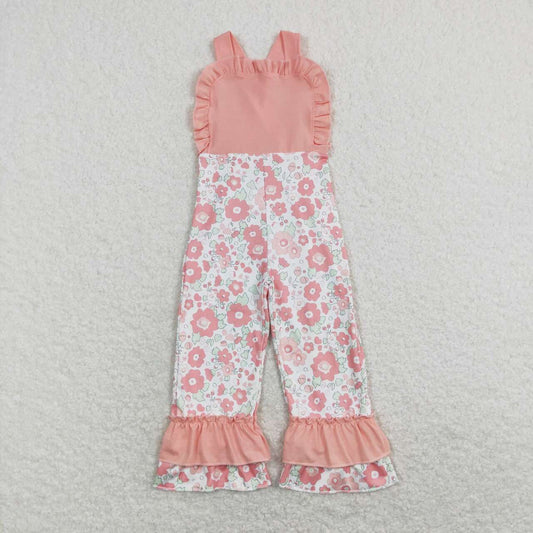 strap pink flower ruffle pants length girl jumpsuit