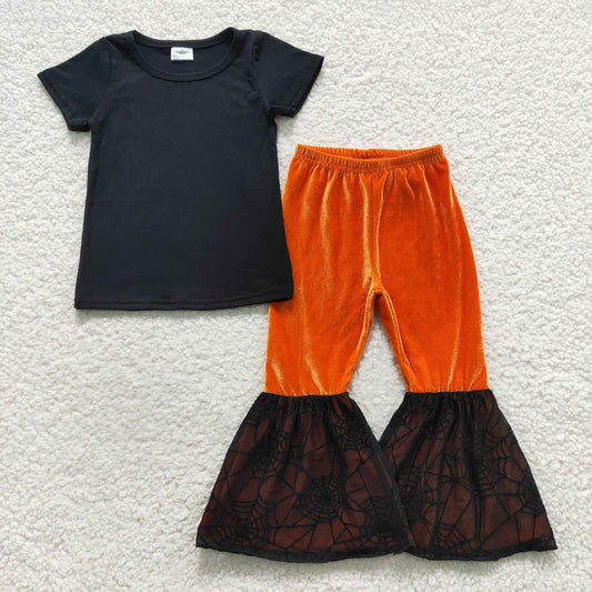 Black shirt orange velvet bells set girl halloween outfit