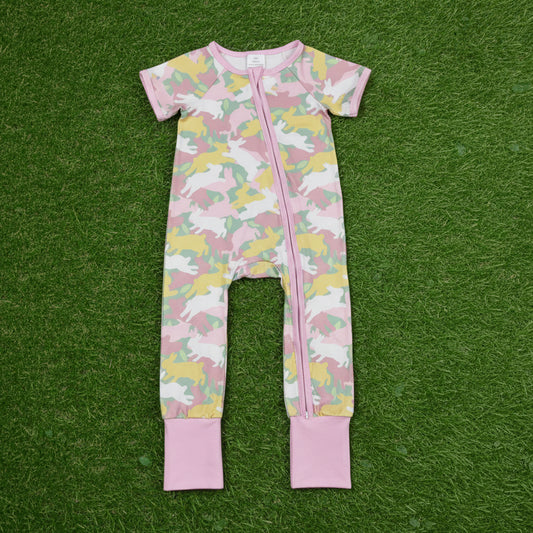 short sleeve camo rabbit pink zip sleeper easter baby clothes