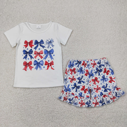red white blue bow print shorts set 4th of july girl clothing