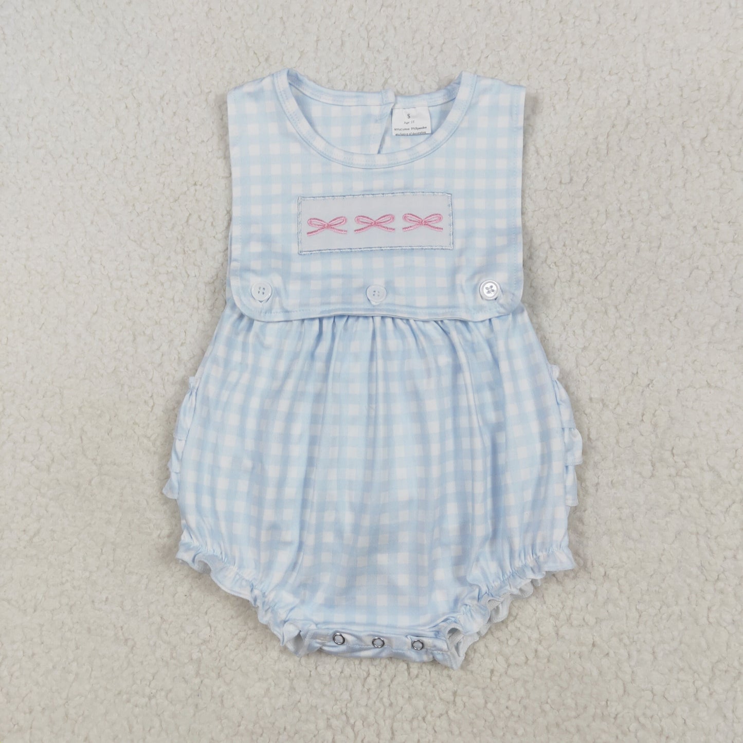 embroidery pink bow blue gingham ruffle romper