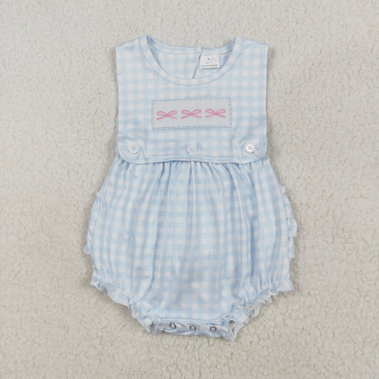 embroidery pink bow blue gingham ruffle romper