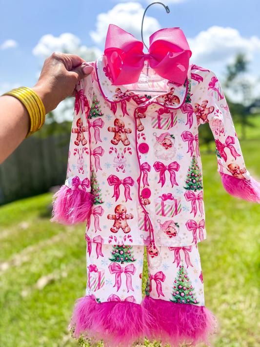 pink santa bow gingerbread fur button down pajama set