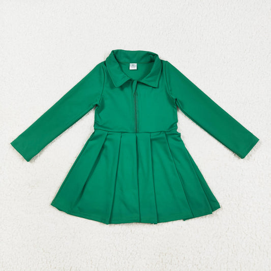 Long sleeves green zipper pleated polo dress