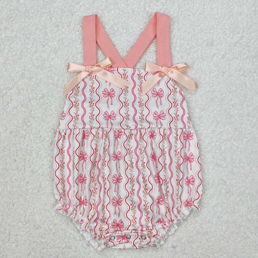 pink floral bow ribbon print cross back strap bubble baby girl clothes