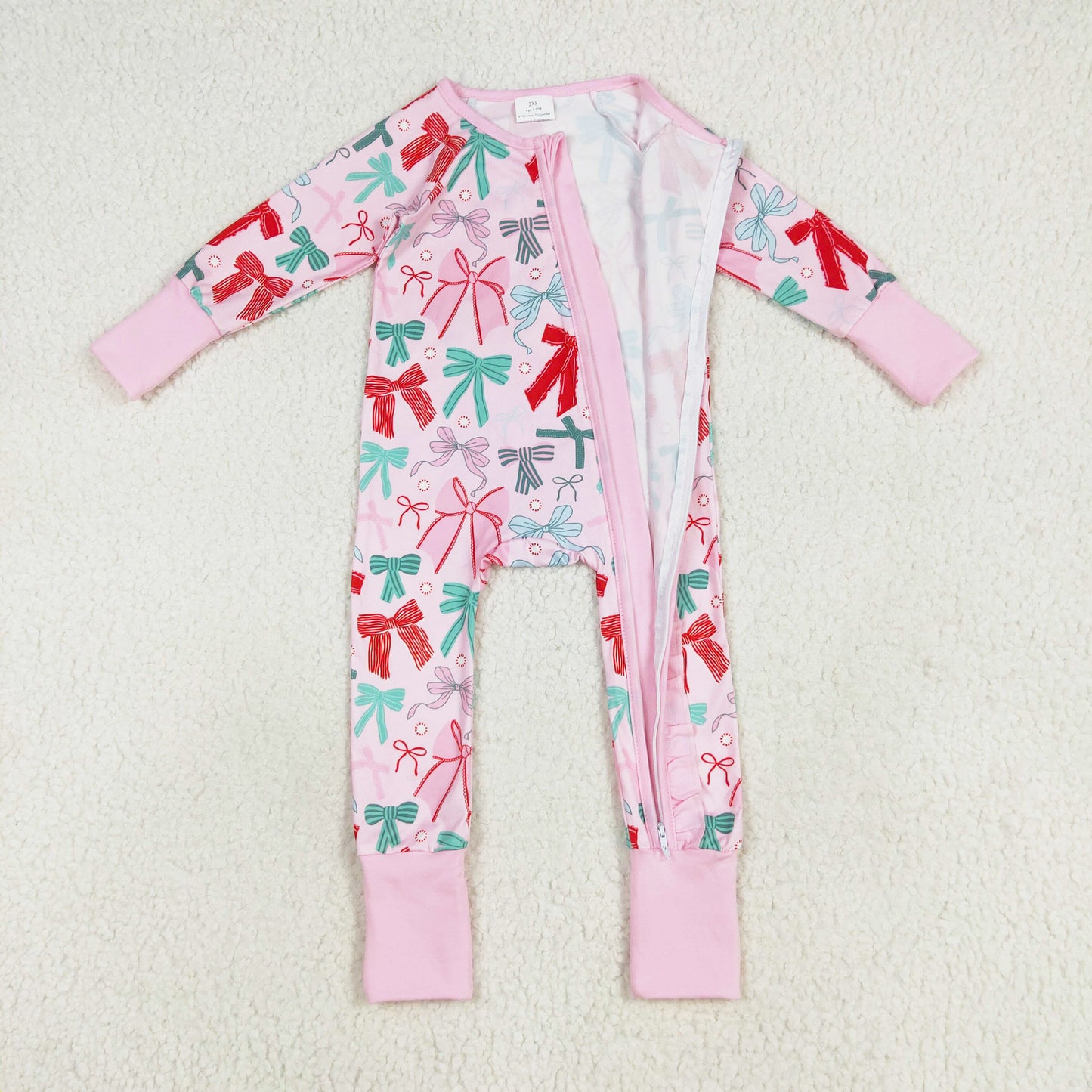 pink green red bow print zip sleeper