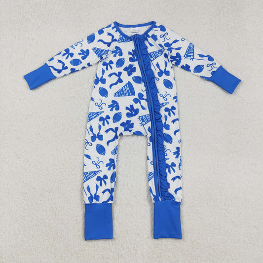 blue go team football ruffle zipper sleeper