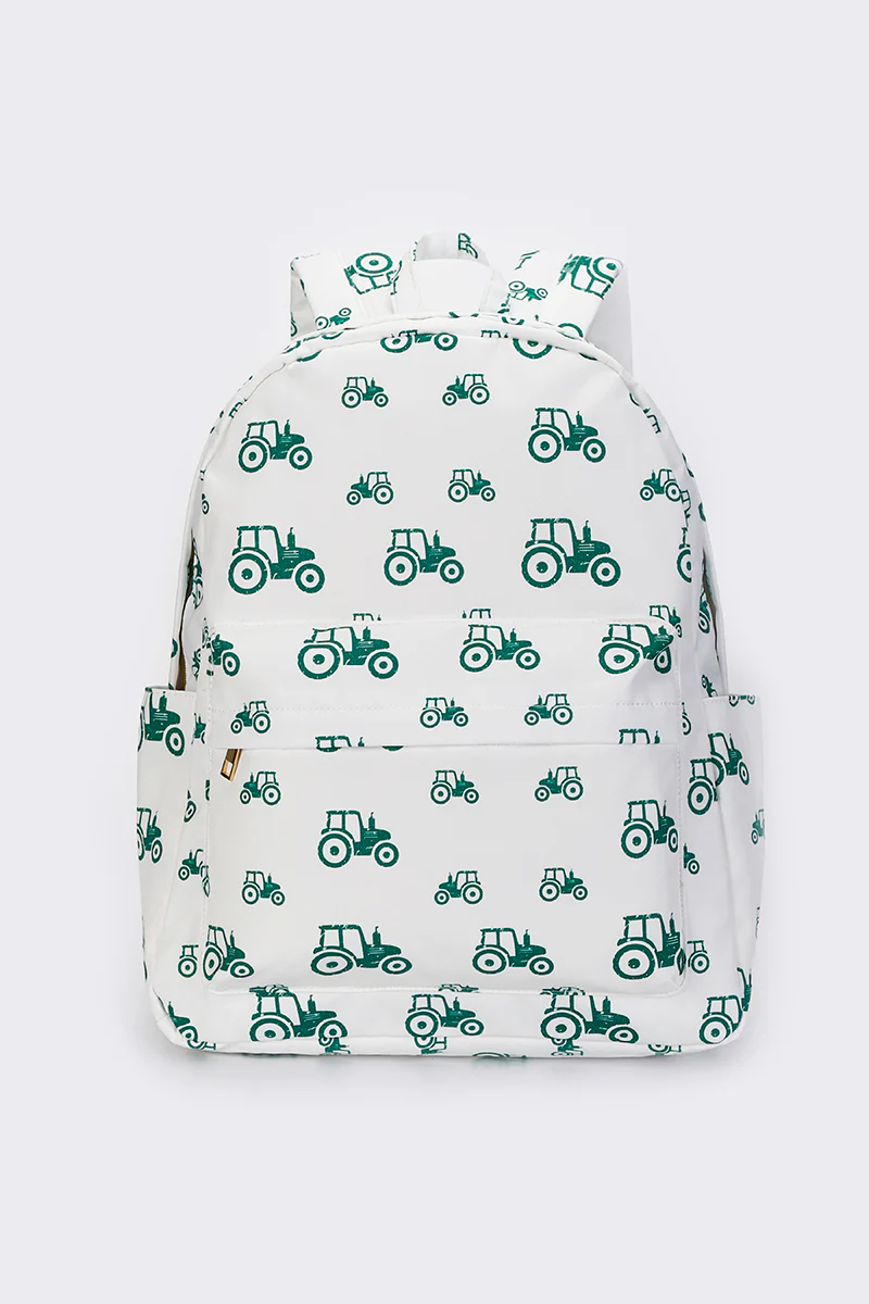 green tractor print kids backpack white bag