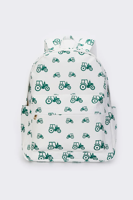 green tractor print kids backpack white bag