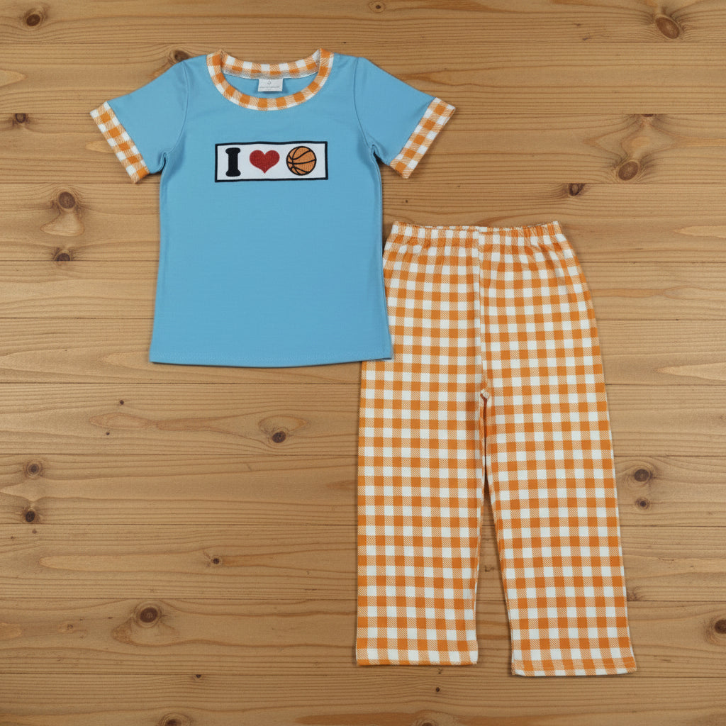 i love basketball embroidery boy pants set outfit