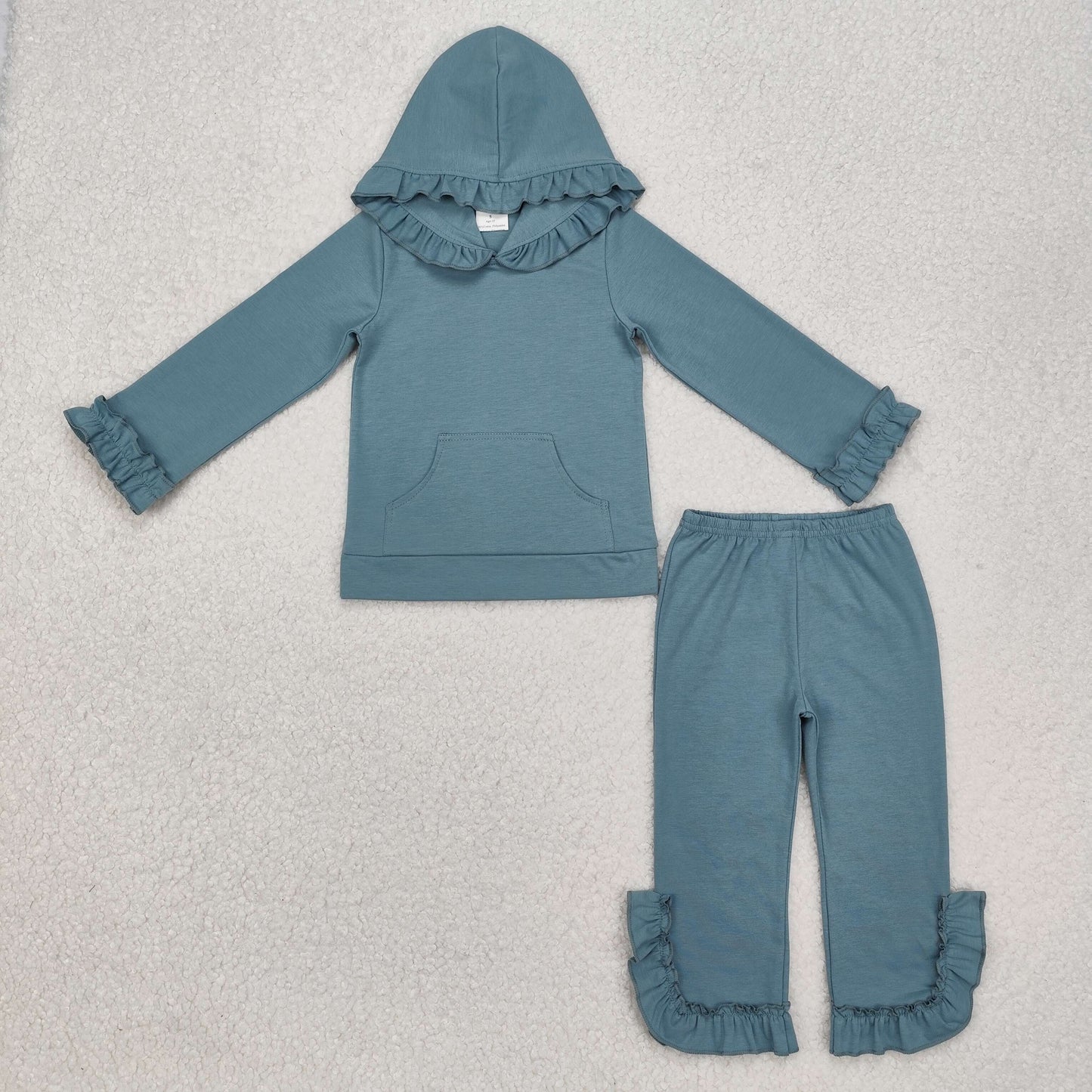 solid cotton ruffle hoodie pants outfit girl’s clothing