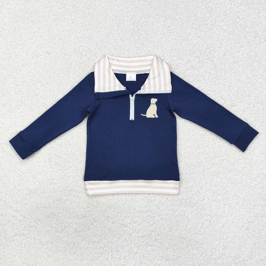 boy navy long sleeve dog embroidered zip pullover