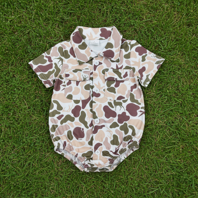 hunting camo button romper with pocket