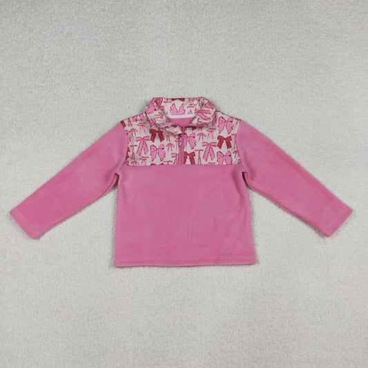 winter baby girl pink bow coquette zip fleece pullover
