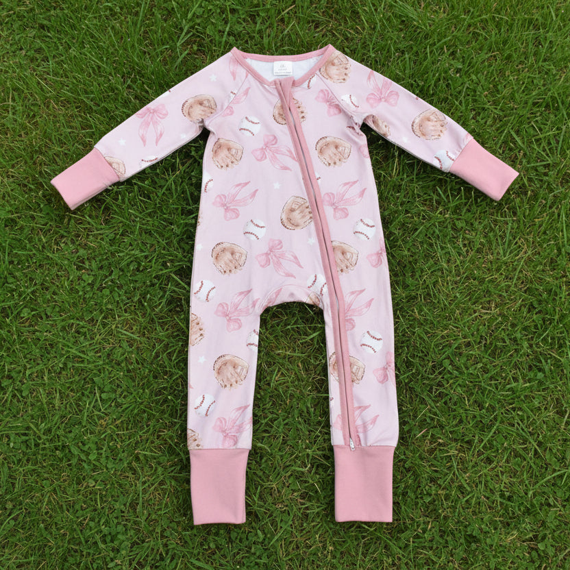 pink bow and baseball infant girl zippy sleeper pajama