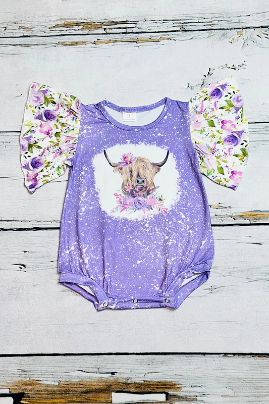 Lilac bull & floral ruffle sleeve baby bubble romper