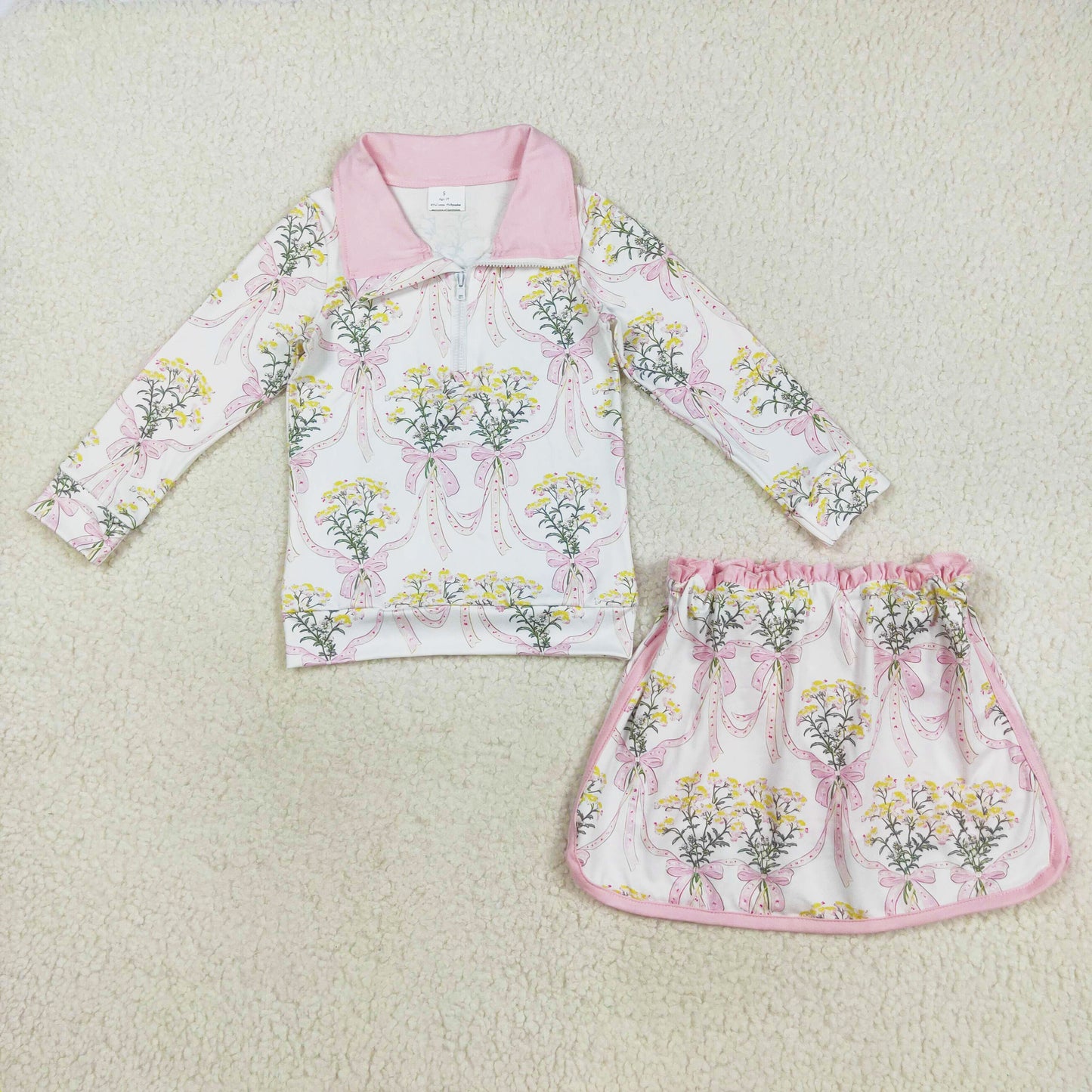 long sleeve pink bow floral zip pullover skort set outfit