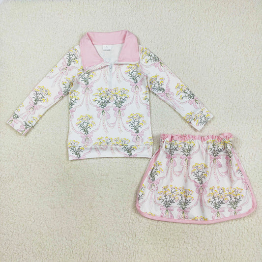 long sleeve pink bow floral zip pullover skort set outfit