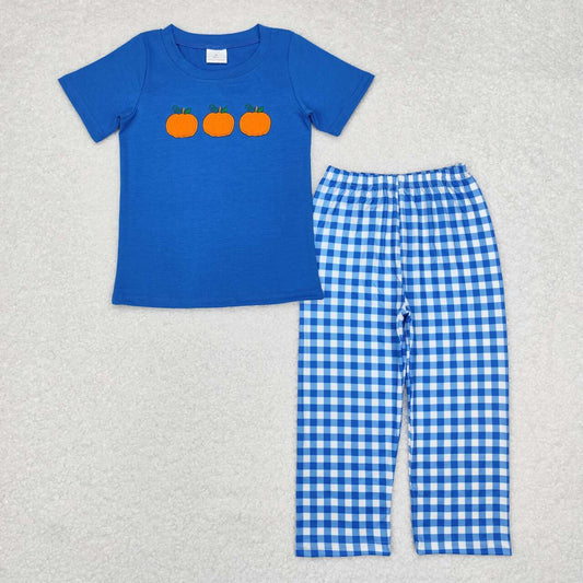 Boys pumpkin embroidered outfit dark blue pants set