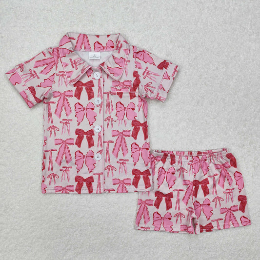 bows in pink and red girls button down shorts pajama set