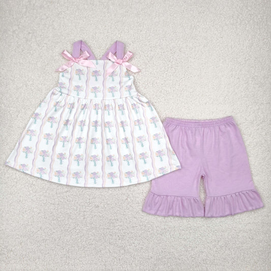 striped flower print strap shorts set